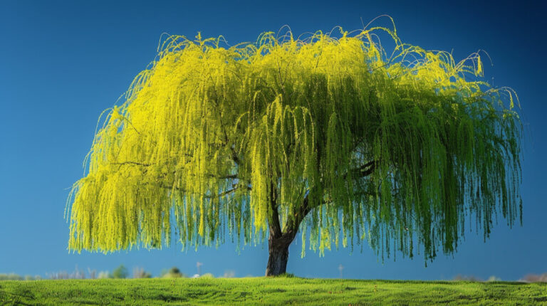 Große Weide mit herabhängenden Ästen auf einer grünen Wiese unter blauem Himmel.